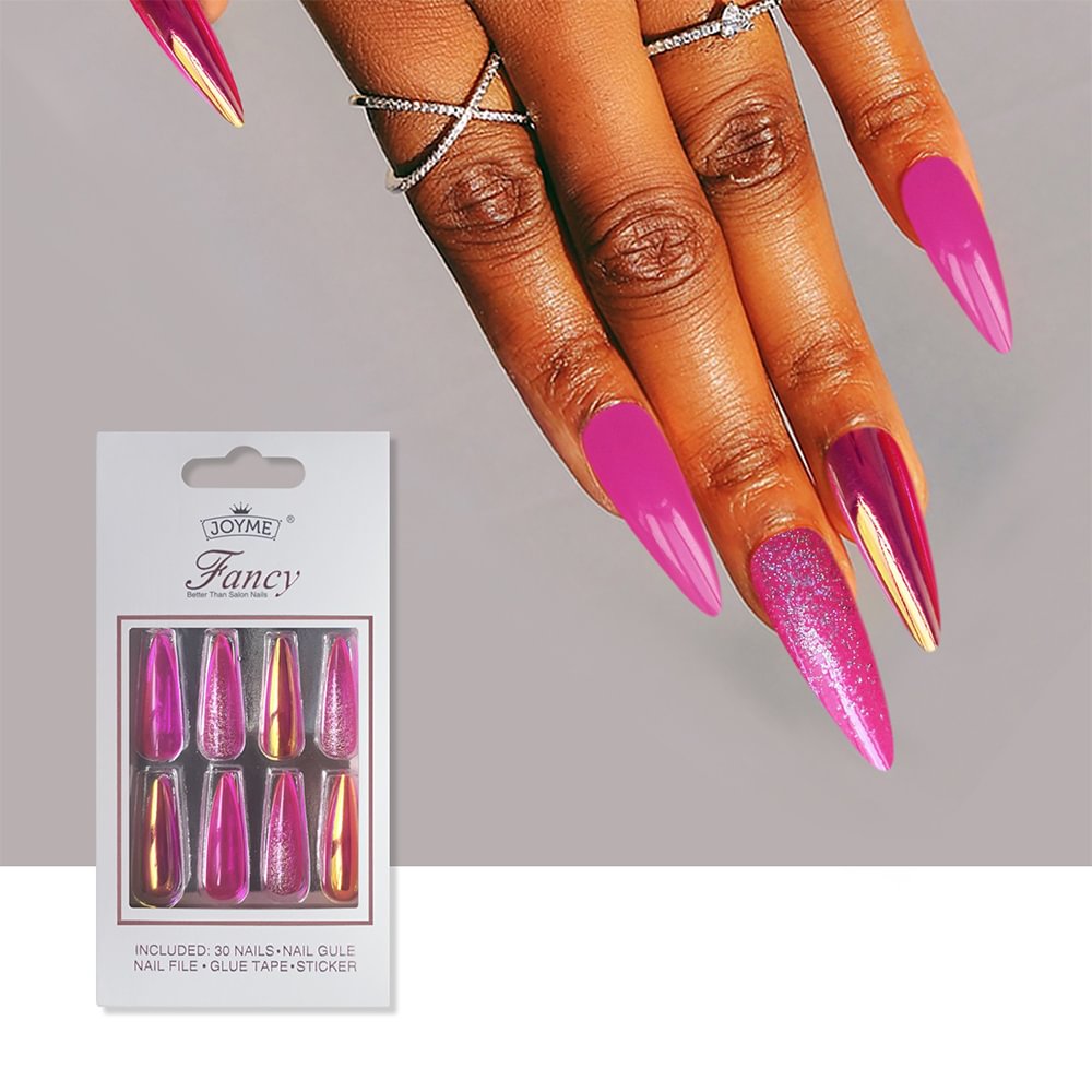 Shecustms™ 30Pcs Pink Shiny Chrome Glitter Press on Nails Stiletto Long Fake Nails