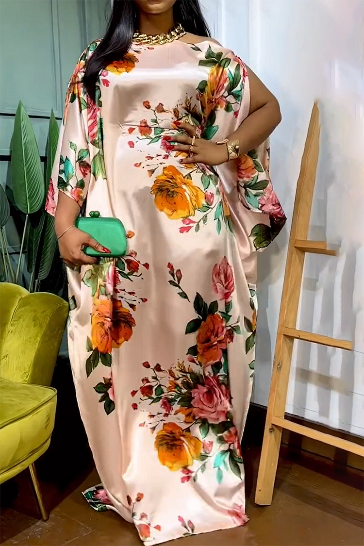 Plus Size Semi Formal Dress Pink Floral Print One Shoulder Satin Maxi Dress [Pre-Order]