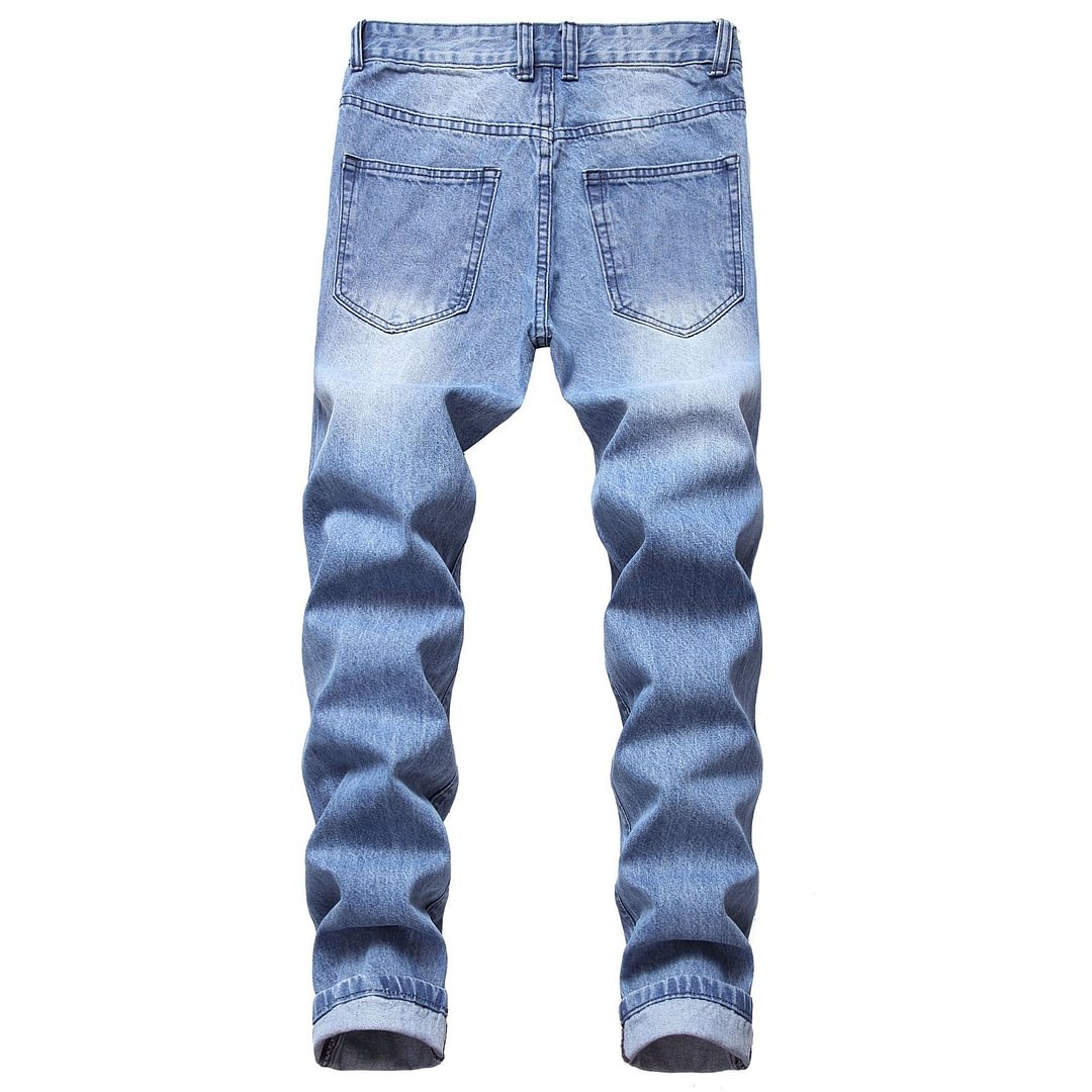 Men's straight slim ripped cotton jeans lightblue
