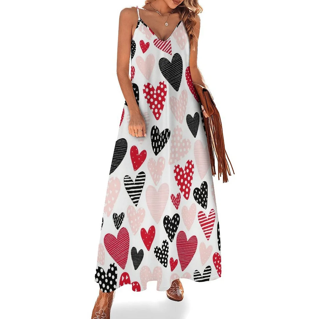 Style & Comfort for Mature Women Plus Size Printed Sling Casual Women Maxi Dress in Pattern Heart, Love, Valentine's Day