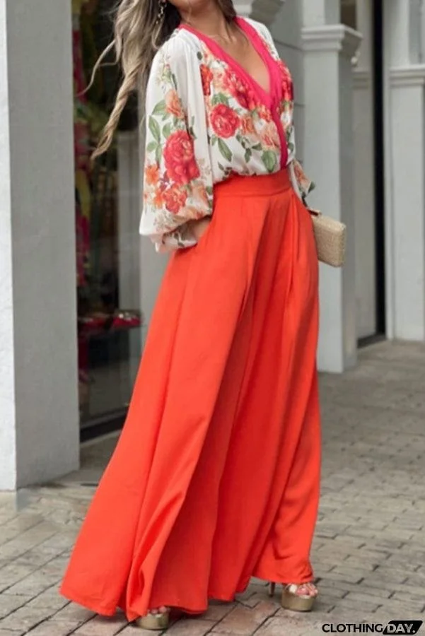 Pure Sweetness Floral Puff Sleeve Blouse and Pocketed Wide Leg Pants Set