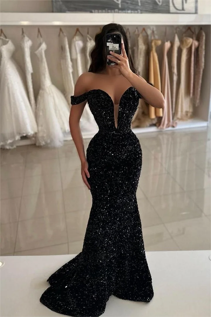 Daisda Simple Sequins Black Off-the-shoulder Mermaid Prom Dress