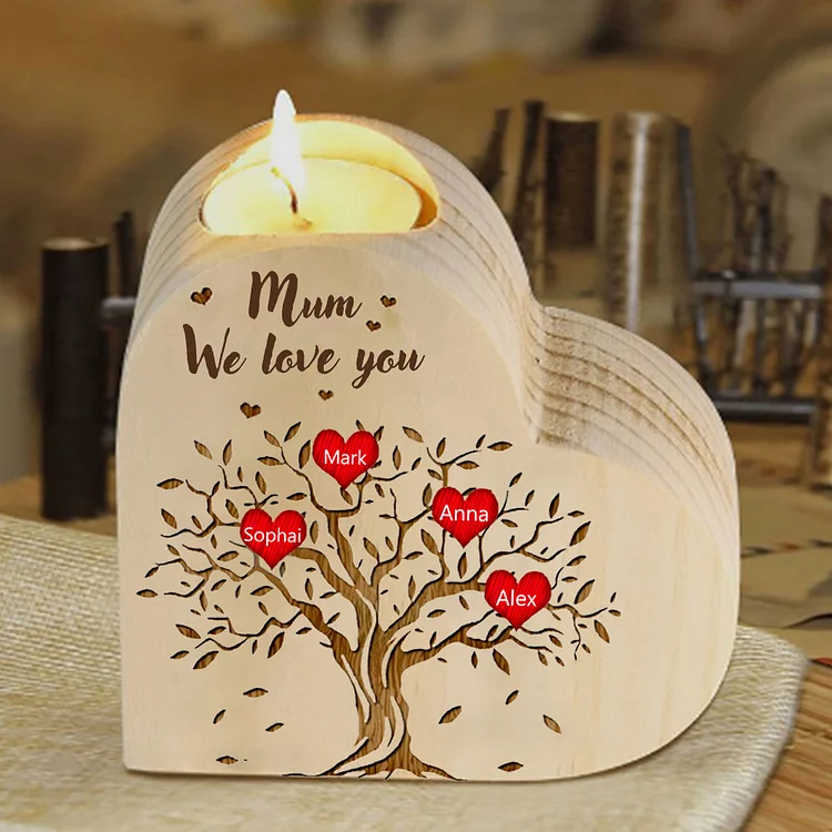 4 Names-Personalized Mum/Nan Family Tree Heart Wooden Candle Holder, Custom Name And Text Family Candlestick for Mother/Grandma