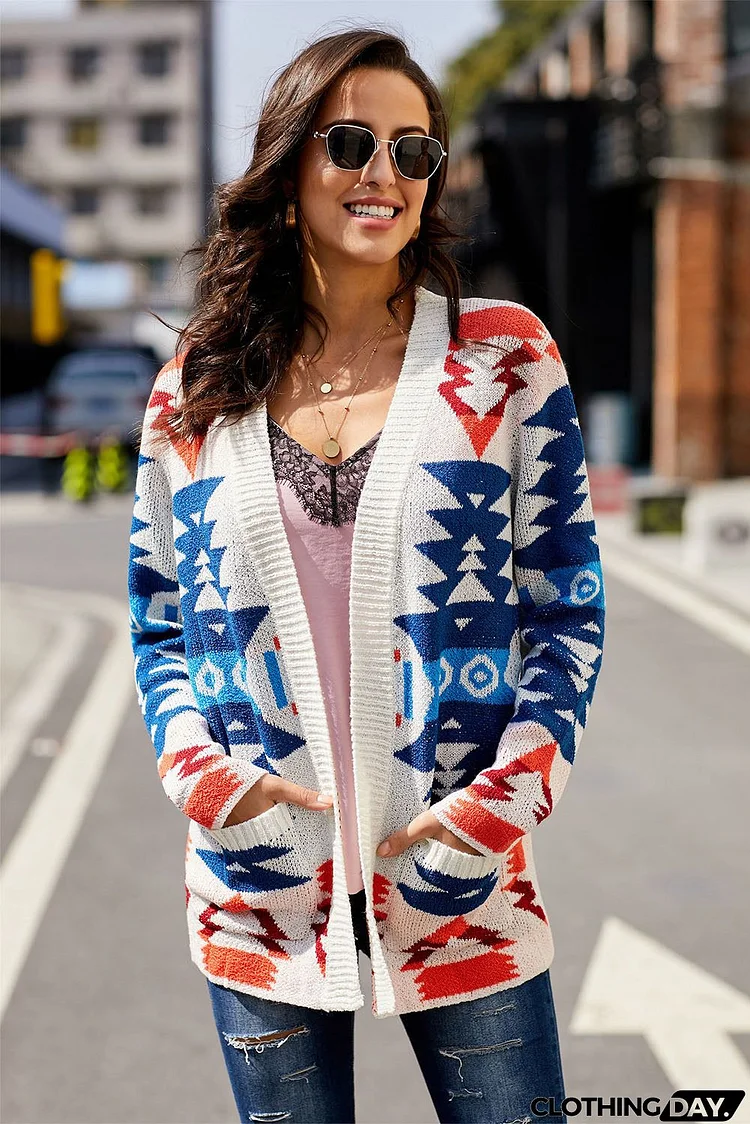 White Moraga Pocketed Aztec Winter Cardigan