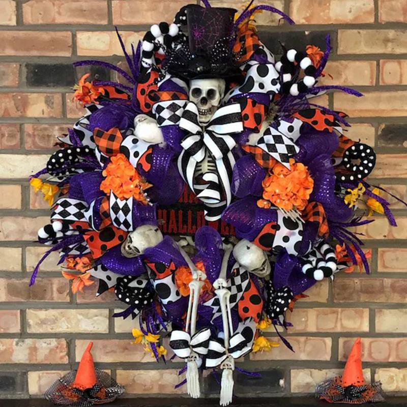 Purple Skeleton Wreath Front Door With Skull Halloween Fall Wreaths