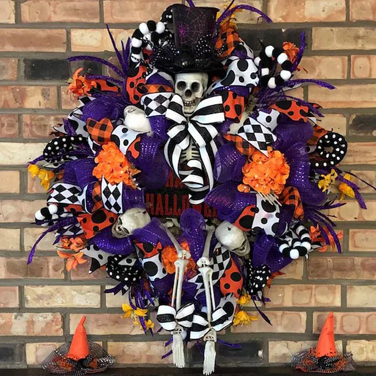 Purple Skeleton Wreath Front Door With Skull Halloween Fall Wreaths