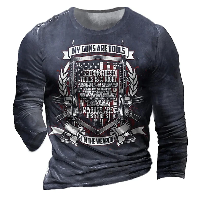 Men's Retro Printed Round Neck Long Sleeve Outdoors T-Shirt   