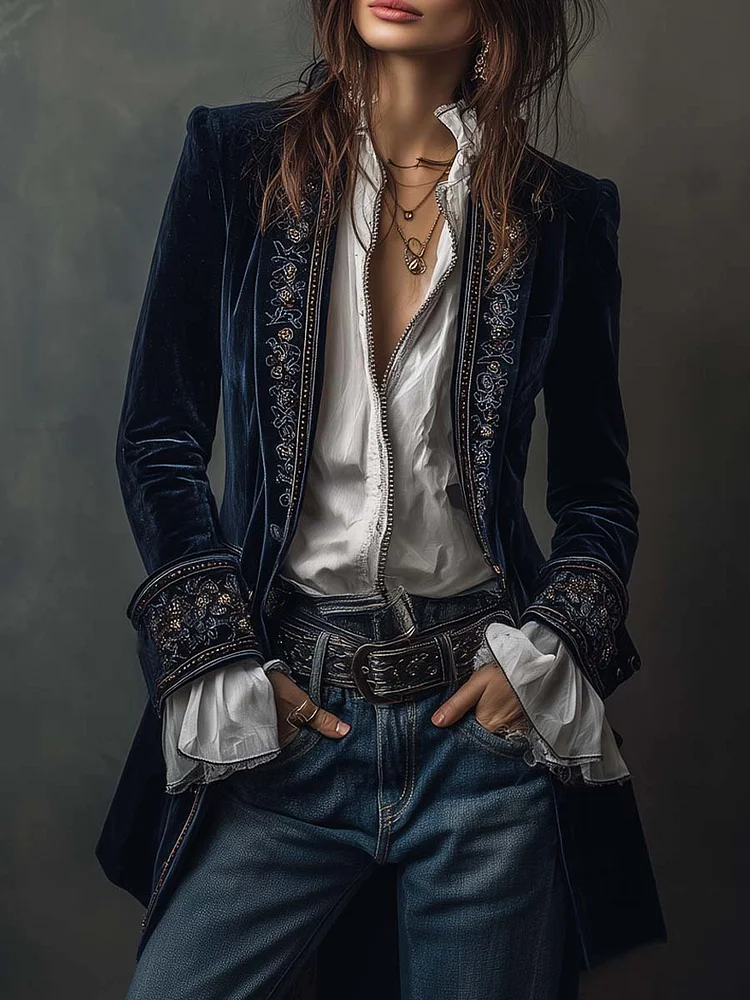 Vintage Navy Polyester Velvet Embroidered Long Jacket