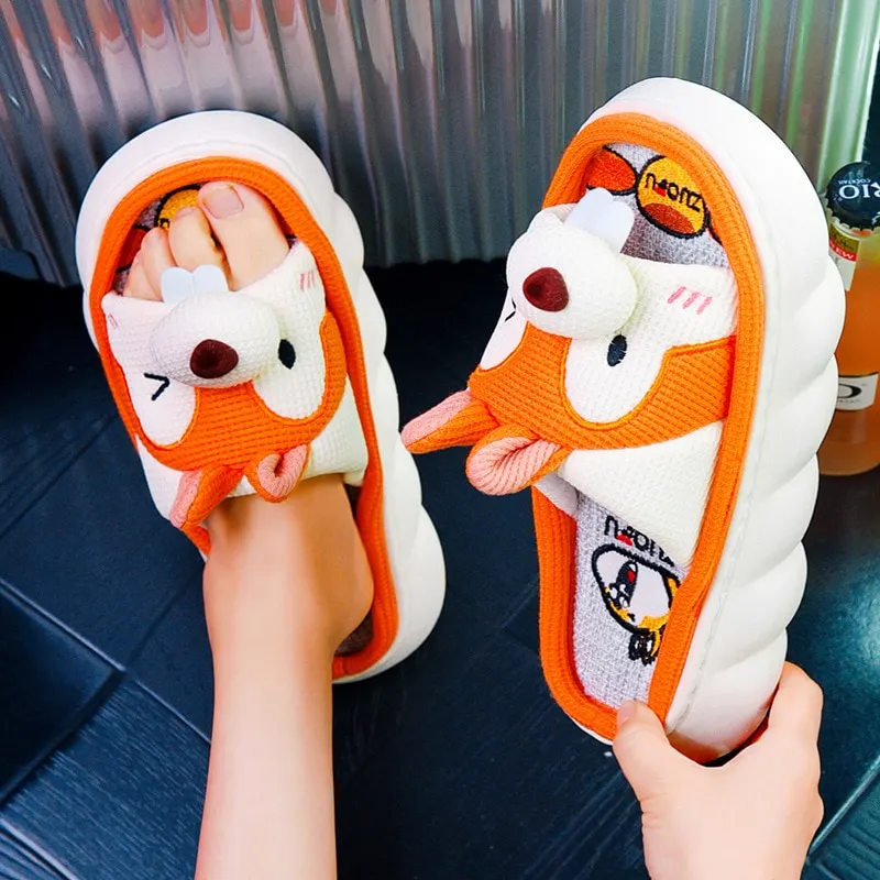 Yyvonne New Fashion Linen Slippers Women Cute Squirrel Home Platform Slippers Comfort Cartoon Couple Ladies Slides Free Shipping