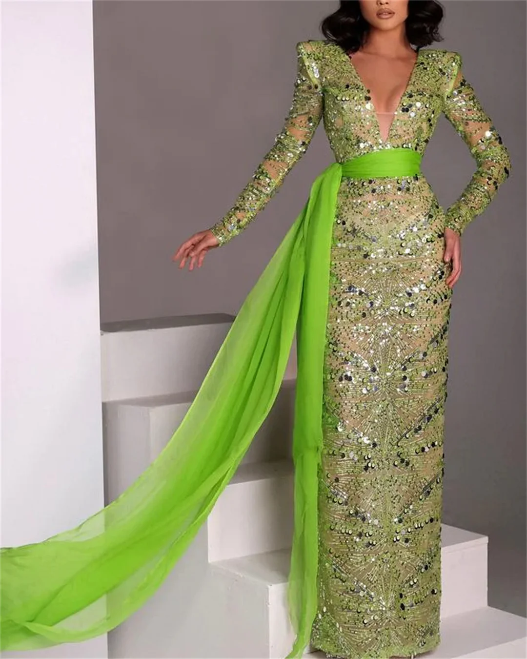 Women's Green Long Sleeve Sequin Dress