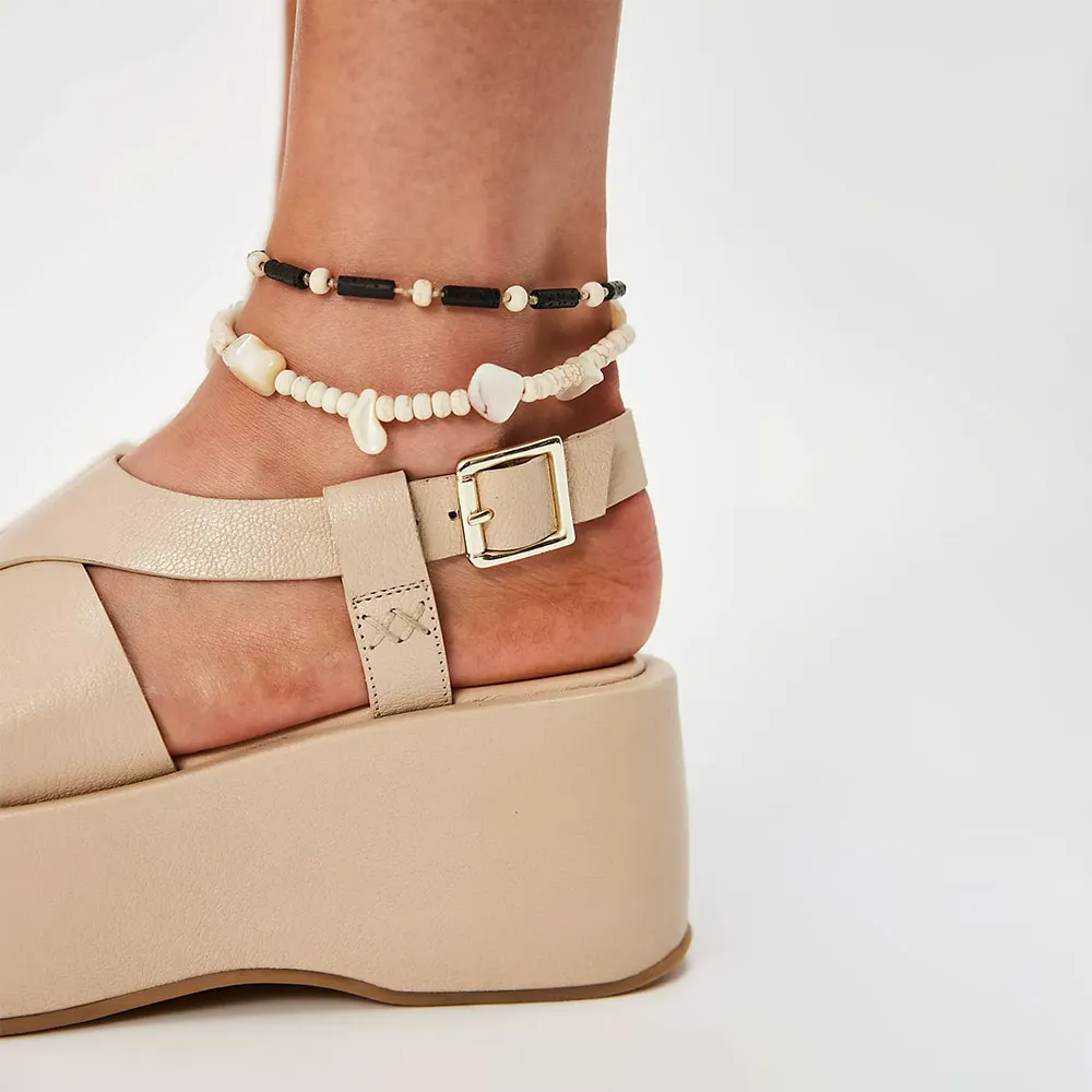 Beige Ankle Strap Flip Flop Plaform Wedge High Heel Women Sandals