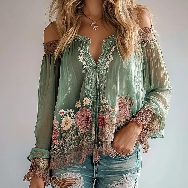 Ursime Off Shoulder Floral Pattern Long Sleeve Lace Hem Blouse