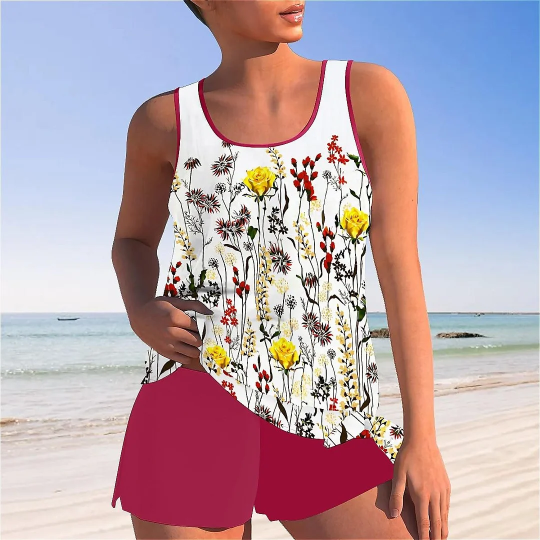 Bowknot Floral,Yellow,Red Mid Waisted Tankini Set - Plus Size Available