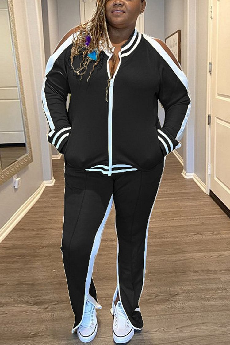 Casual Sportswear Polyester Knitting Striped Print Solid Pierced Hollowed Out Slit Zipper Collar Plus Size - Shop Trendy Women's Clothing | LoverChic