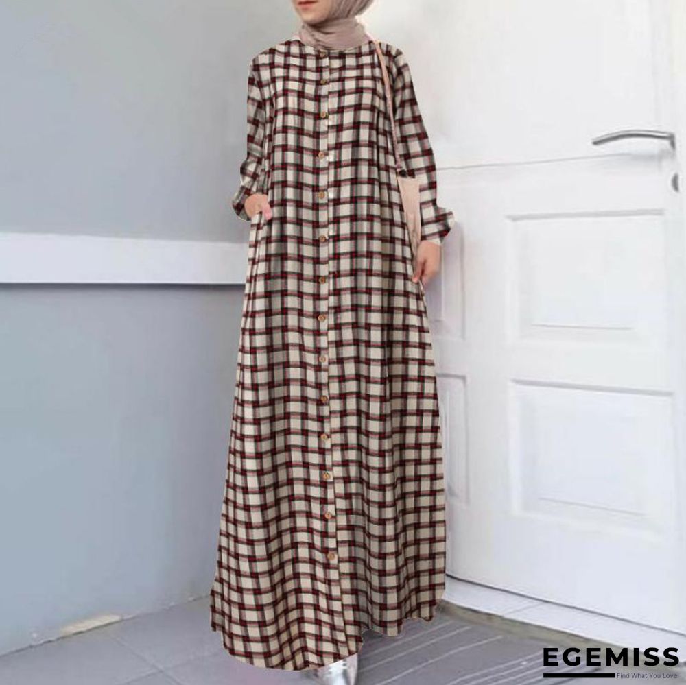Ethnic Long Sleeve Loose Cardigan Temperament Plaid Cotton and Hemp Long Dress Linen Dresses | EGEMISS