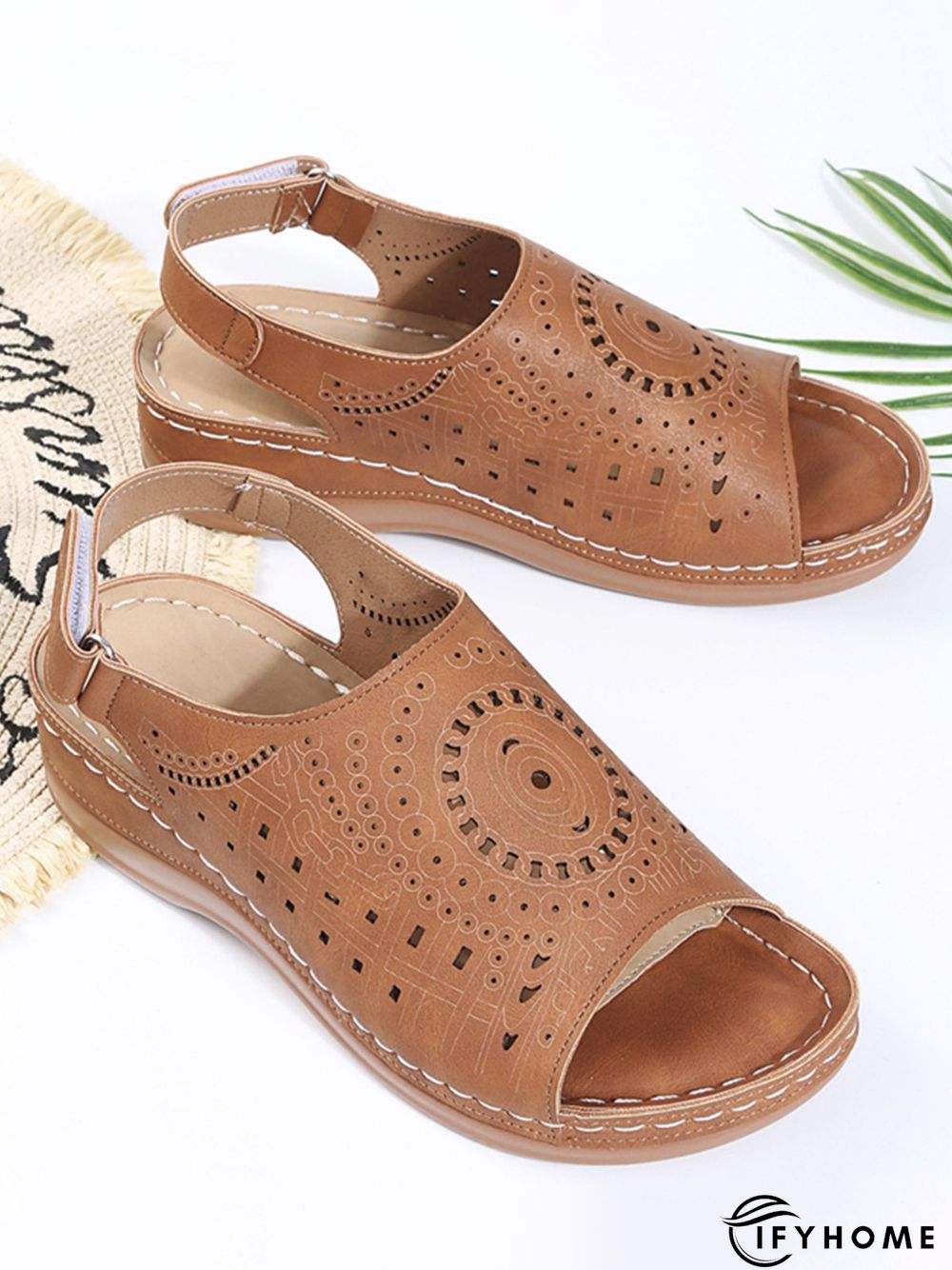 Ethnic Pattern Punched Hollow Velcro Vintage Sandals | IFYHOME
