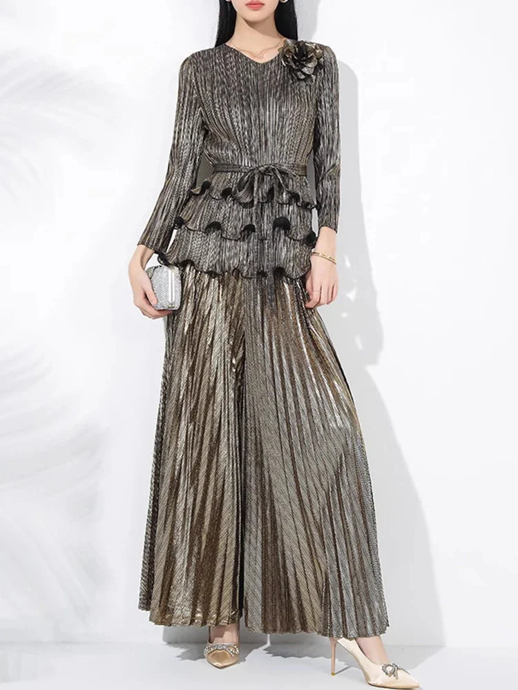 Stylish Blue V-neck Lace-up Ruffled Hem Long Sleeve Pleated Top And Pleated Wide-Leg Pants Set