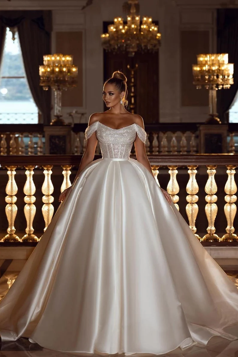 Glamorous Off The Shoulder Satin Wedding Dress Sequins Embellished Ball Gown | Risias