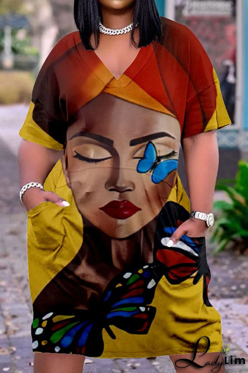 Tangerine Red Fashion Casual Print Basic V Neck Short Sleeve Dress