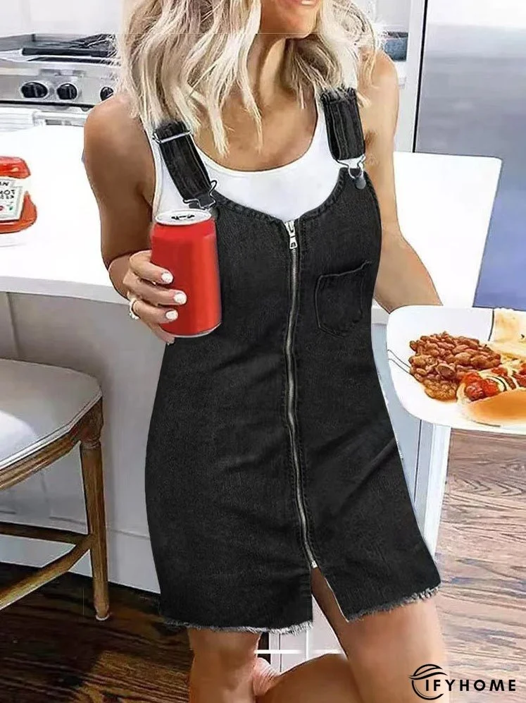 Women's Dresses Zip Pocket Suspenders Strap Denim Dress | IFYHOME