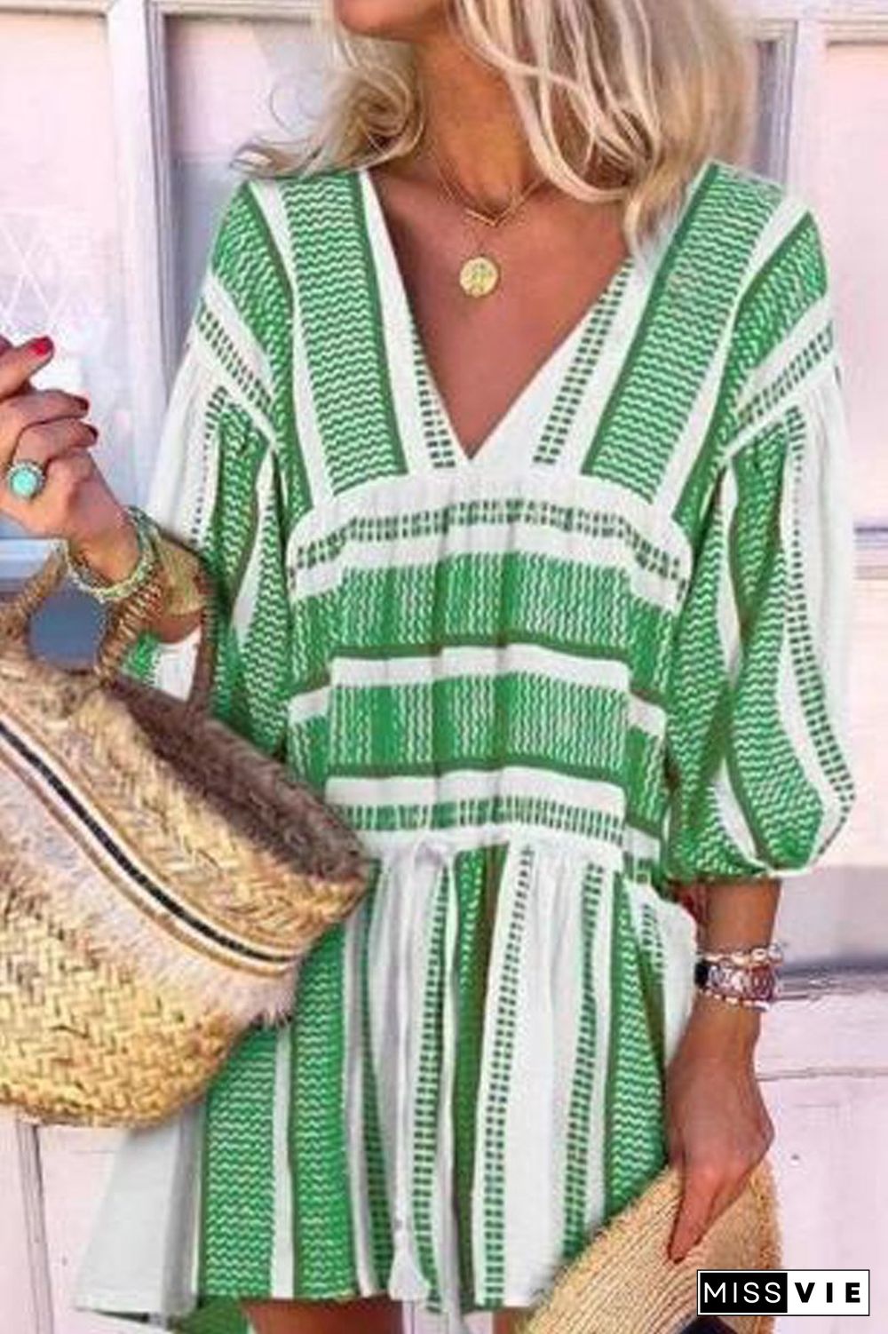 V-Neck Stripe Three Quarter Sleeve Dress