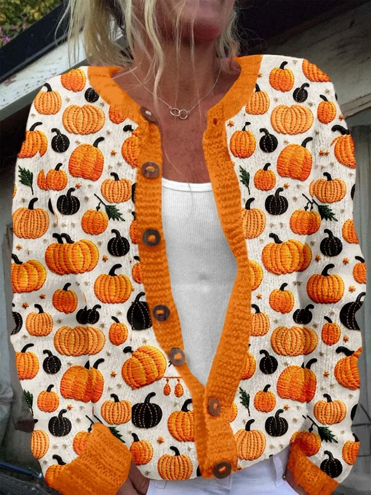 Women's Casual Pumpkin Cardigan Sweater 