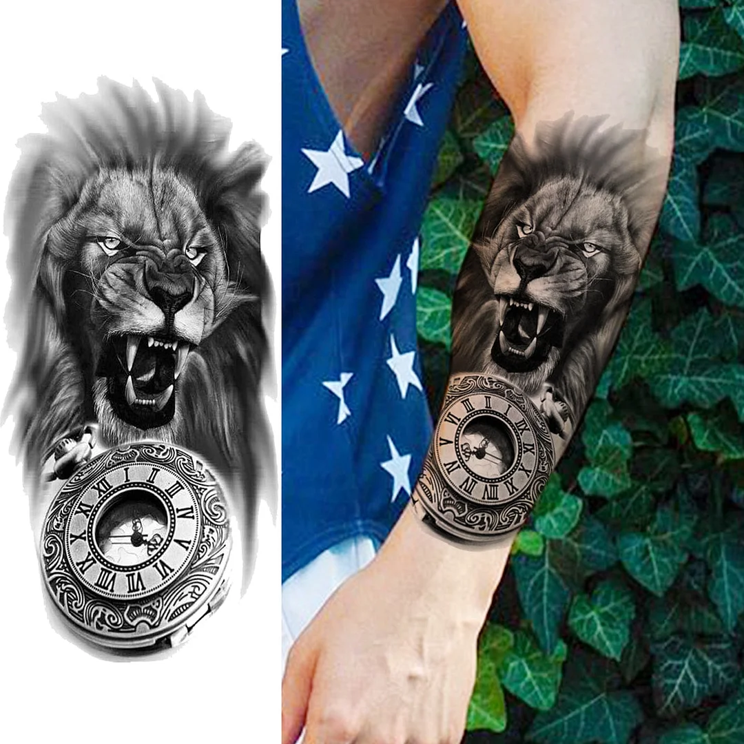 Black Lion Fashion Calf Temporary Tattoos For Women Adult Men Lion Geometric Owl Fake Tattoo Realistic Body Art Decoration Tatoo