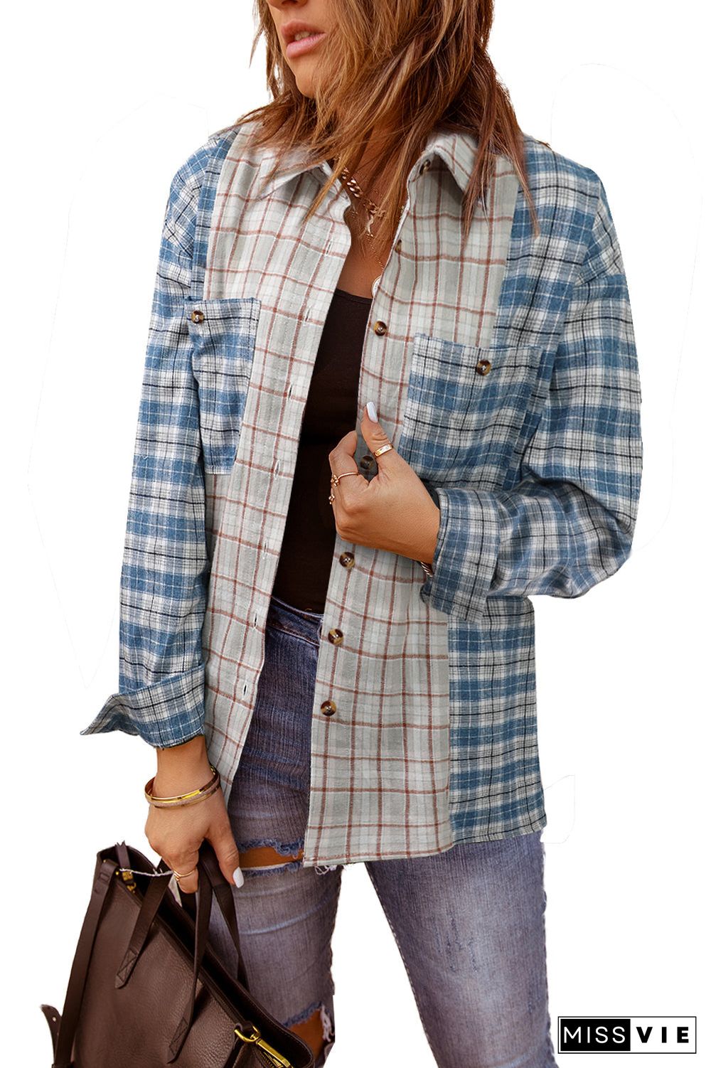 Plaid Color Block Pocket Button-up Long Sleeve Shirt