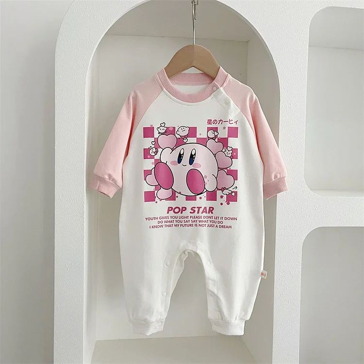 Baby Girl Cartoon and  Letter Print Block Color Long Sleeve Romper