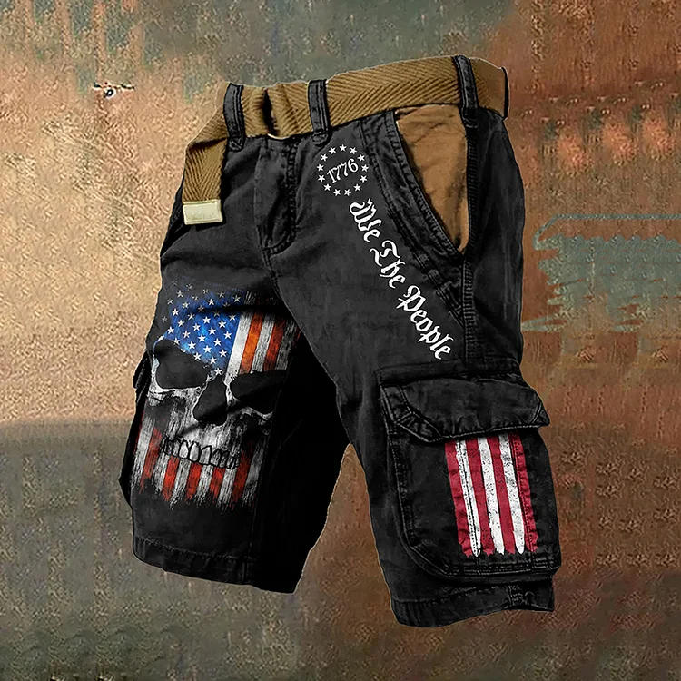VChics Men's 1776 Independence Day Flag Skull Print Casual Cropped Shorts
