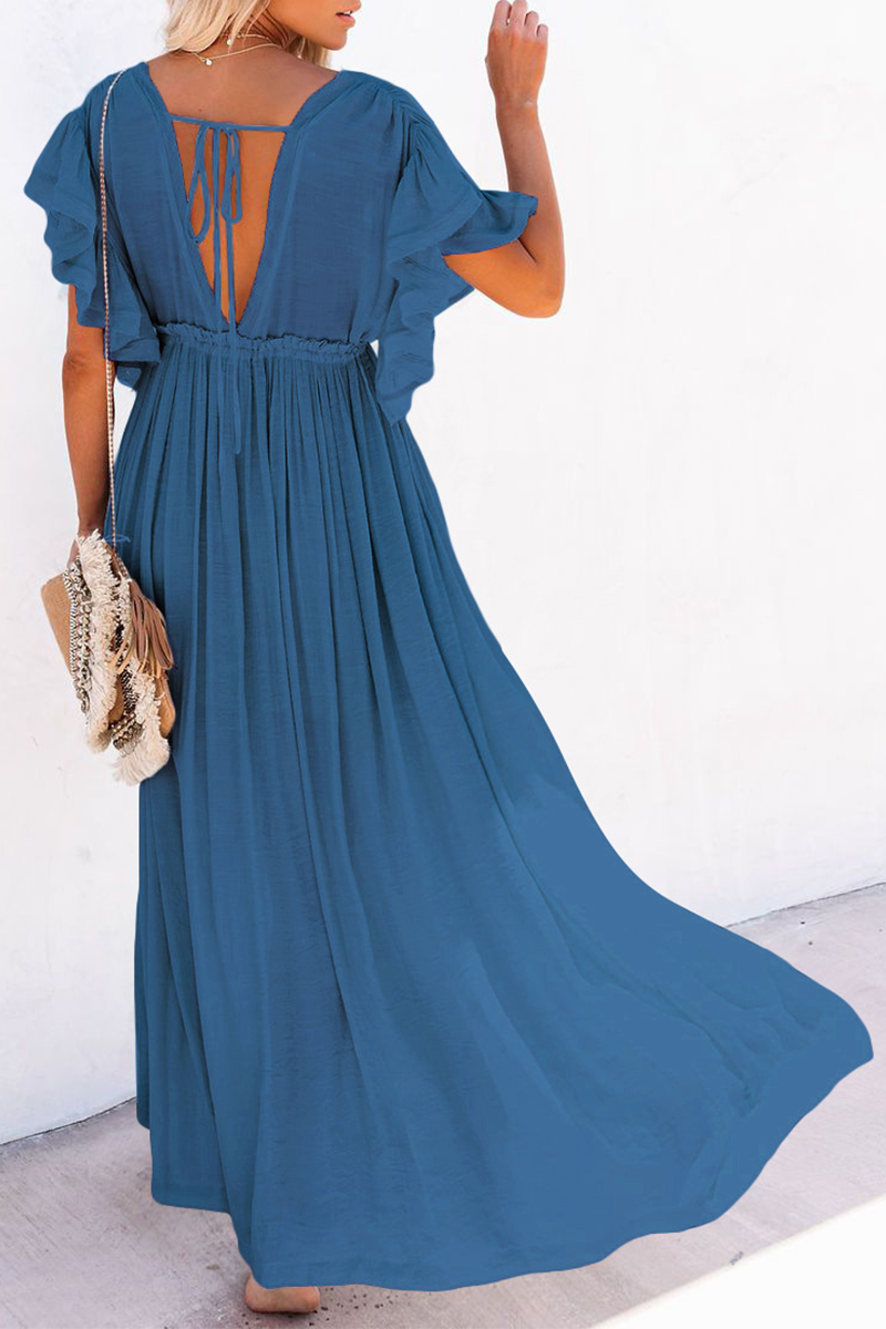 Elegant Solid Frenulum Buckle V Neck A Line Maxi Dresses(7 Colors)