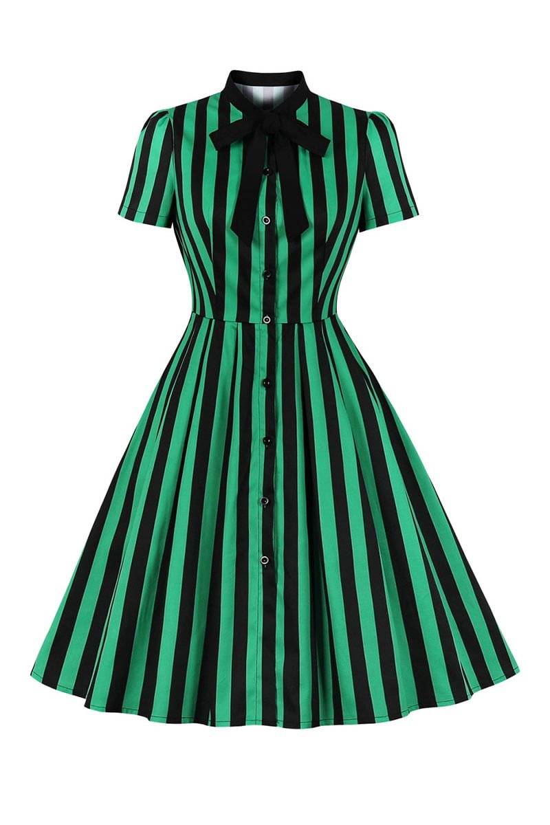 1950s Retro Black Stripe Print Button A-Line Midi Dress