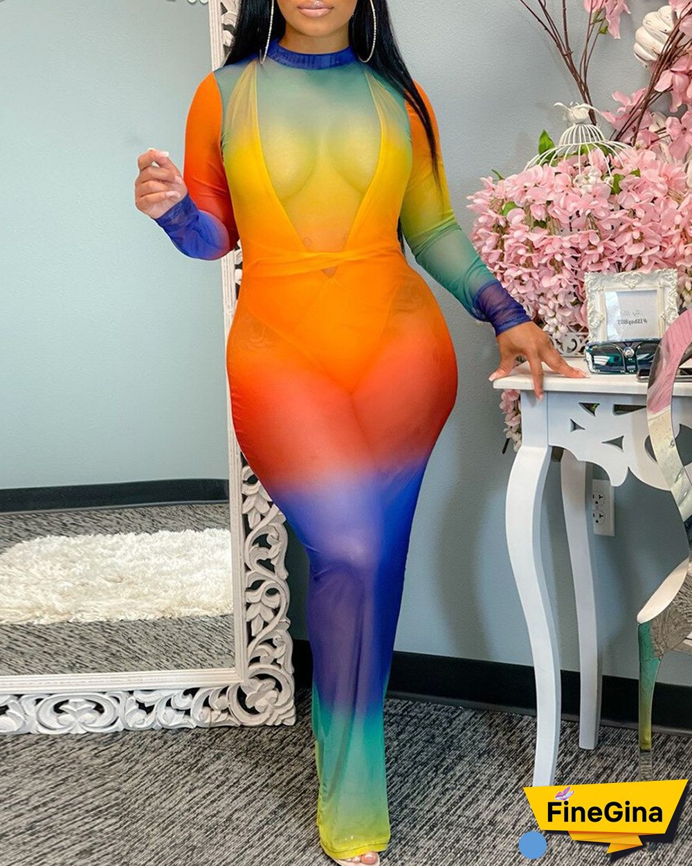 Tie Dye Print Sheer Mesh Bodycon Maxi Dress