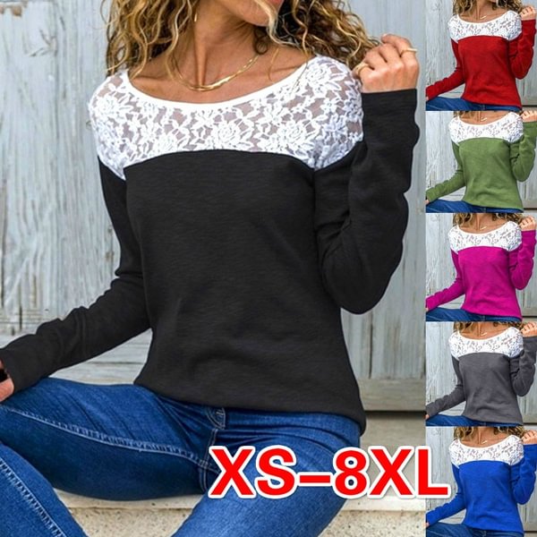 XS-8XL Autumn and Winter Tops Plus Size Fashion Clothes Women's Long Sleeve T-shirts O-neck Lace Blouses Ladies Solid Color Cotton Pullover Sweatshirts Loose T-shirts - BlackFridayBuys