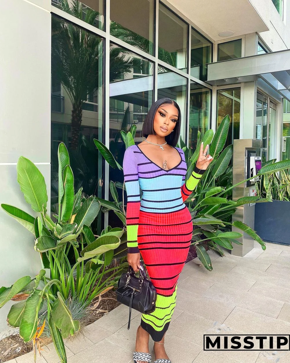 Striped Long Sleeve High Waist Backless Lace Up Dress