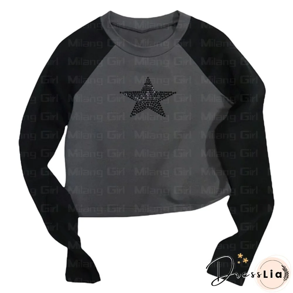 Rhinestones Stars Print Women Vintage Tops Fairy Grunge Graphic Spring T Shirts Aesthetic Clothes Cyber Y2K Slim Long Sleeve Top