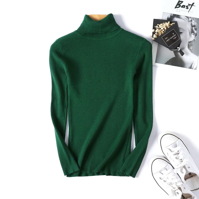 H.SA 2021 Women Turtleneck Sweater Basic Casual Solid Knit Jumper Korean Sweater Slim Pull Femme Top Elasticity Winter Pullovers