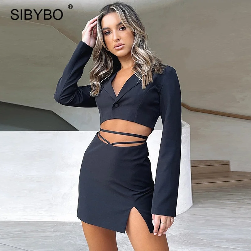 Sibybo Fall Two Piece Cropped Blazer Skirt Set 2 Piece Sets Womens Outfit Skirt Femme Button Notched Lace Up Matching Set