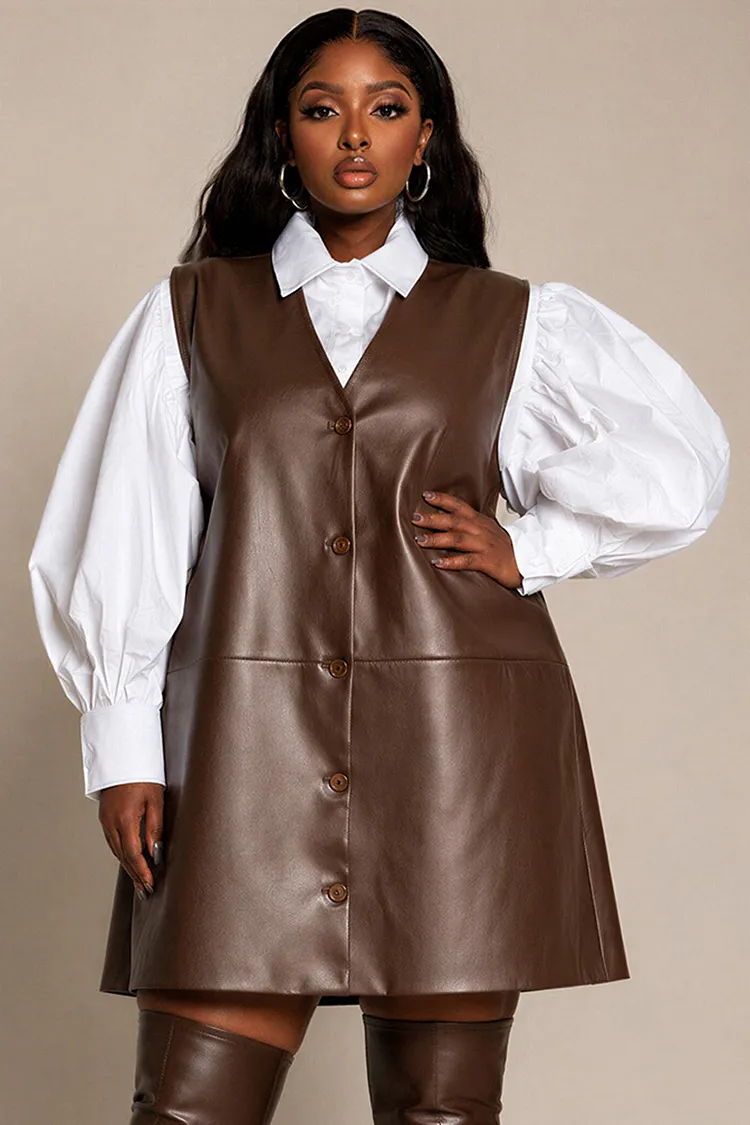 Xpluswear Design Plus Size Business Casual Brown V Neck Button PU Leather Mini Dresses (Without Blouse) [Pre-Order] 2024 - Xpluswear