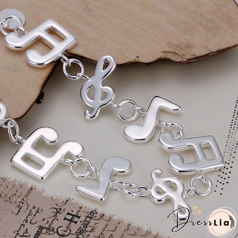 New Women 925 Sterling Silver Plated Charm Cute Music Note Chain Bracelet Bangle