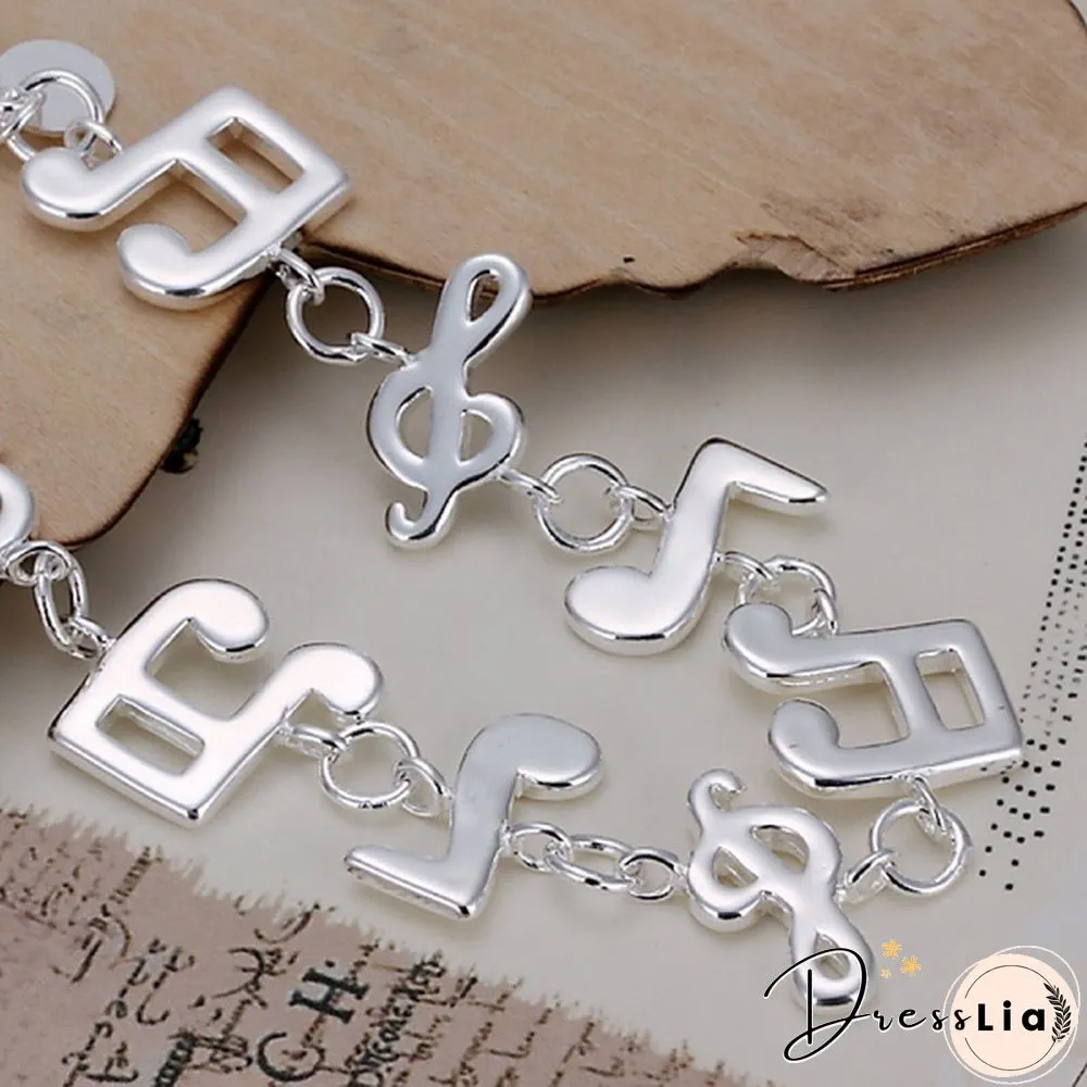 New Women 925 Sterling Silver Plated Charm Cute Music Note Chain Bracelet Bangle