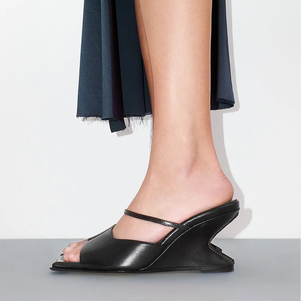 Black Square&nbsp;Toe Wide Strap Slip On Wedge Sandals for Women