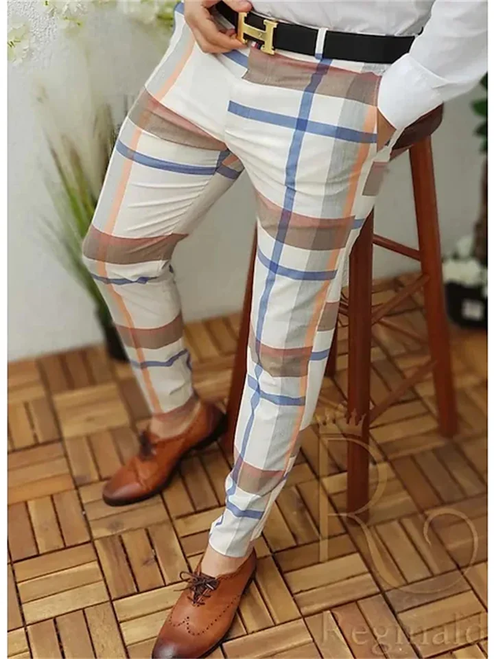 Men's Chinos Trousers Jogger Pants Plaid Dress Pants Print Lattice Full Length Casual Daily Trousers Smart Casual Yellow grid Pink Micro-elastic-Cosfine