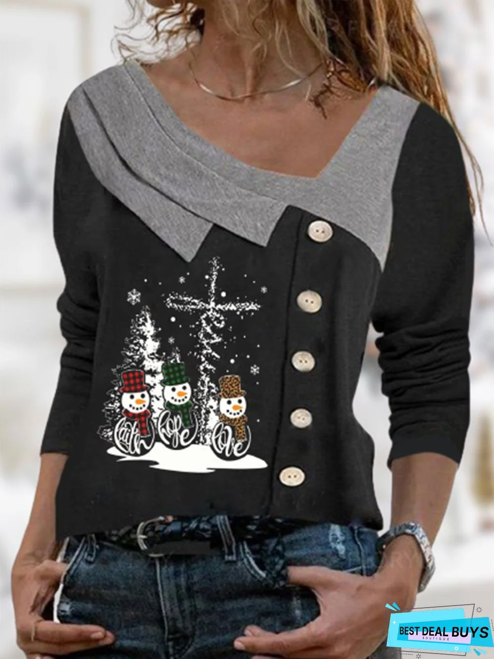 Christmas Snowman Long Sleeve Buttoned Asymmetrical Neck Casual Top