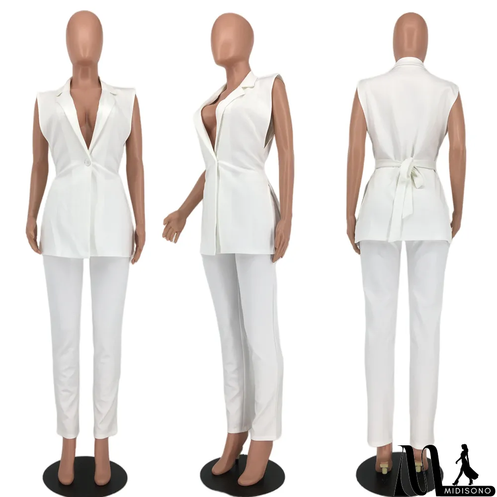 MidiSono - Solid Sleeveless Split Blazer Two Piece Sets