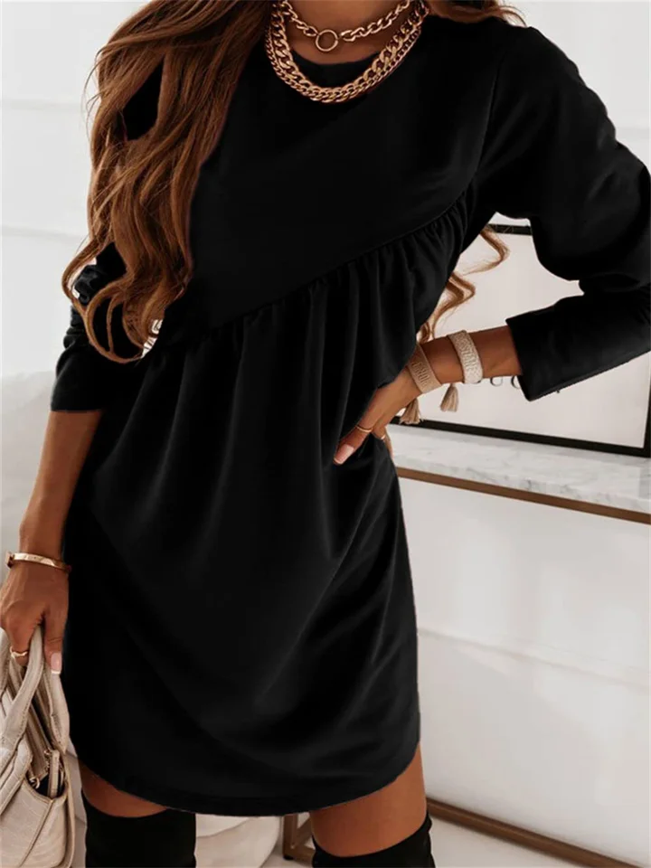 Long Sleeve Irregular Round Neck Dress with Solid Color