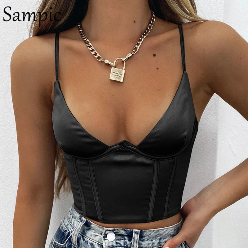 Sampic Chic Stain Women Strap Club Casual Bustier Corset Tube Tops 2021 Summer Sexy Black White Tank Tops Underwire Mini Vest