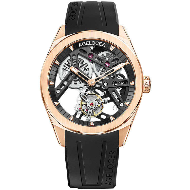 Agelocer Tourbillon Men's Waterproof Skeleton Mechanical Watch - Fluoro Rubber Strap