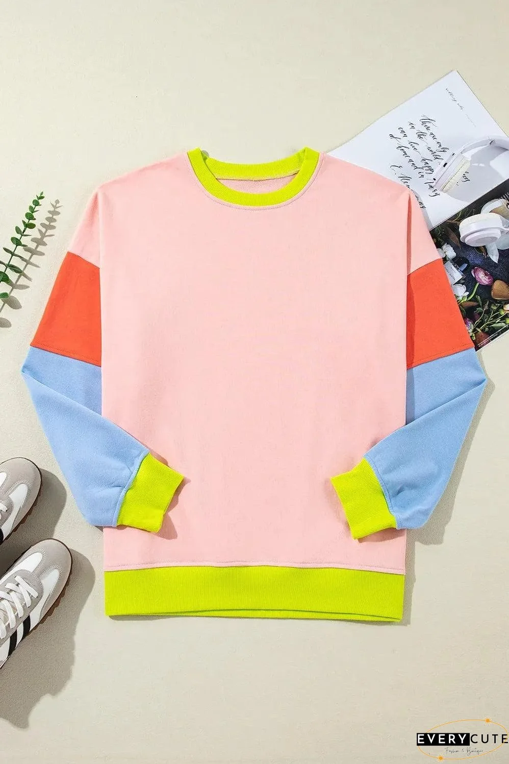 Light Pink Plus Size Colorblock Patchwork Crew Neck Sweatshirt