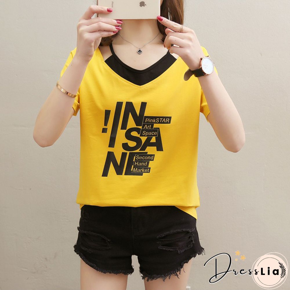 Print V- Neck T Shirt Women T-Shirt Cotton Summer Short Sleeve Woman Clothes Womens Tops Korean Style Tee Shirt Femme